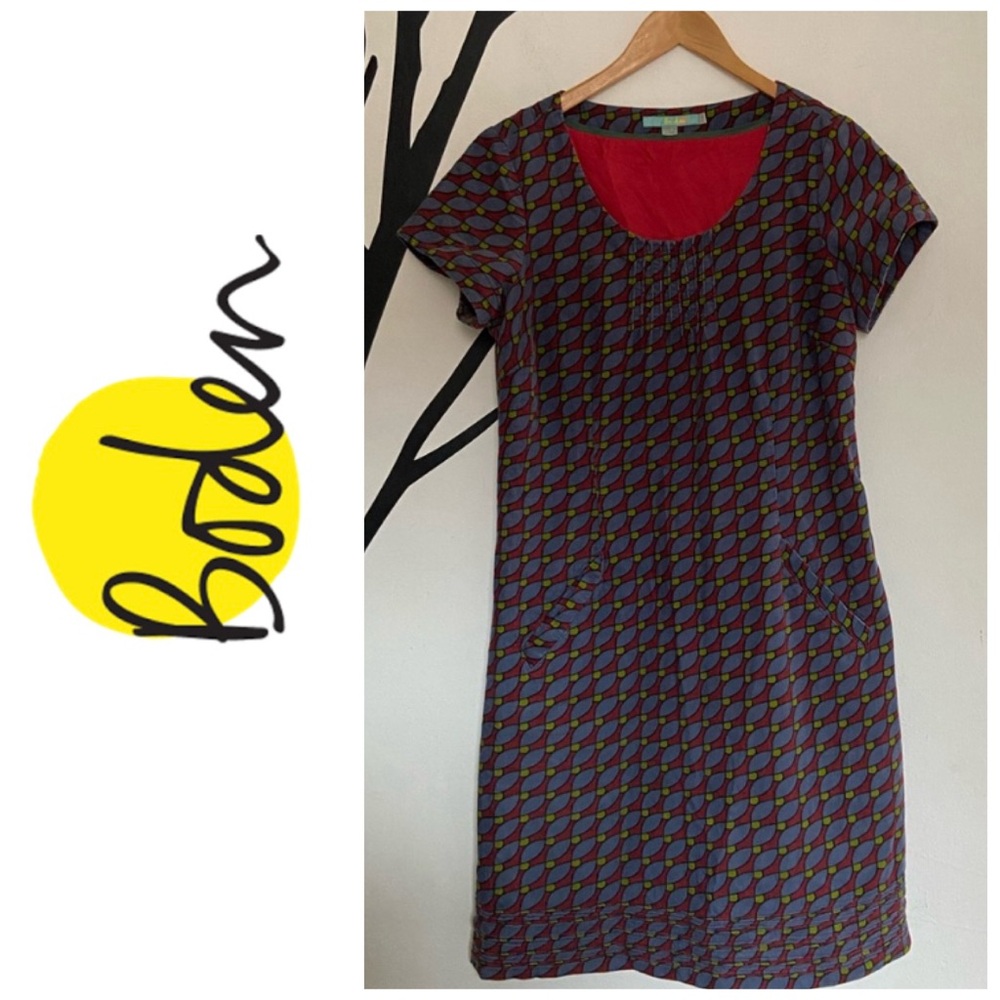 Boden mod midi corduroy dress, geometric pattern in brick red, grey + olive